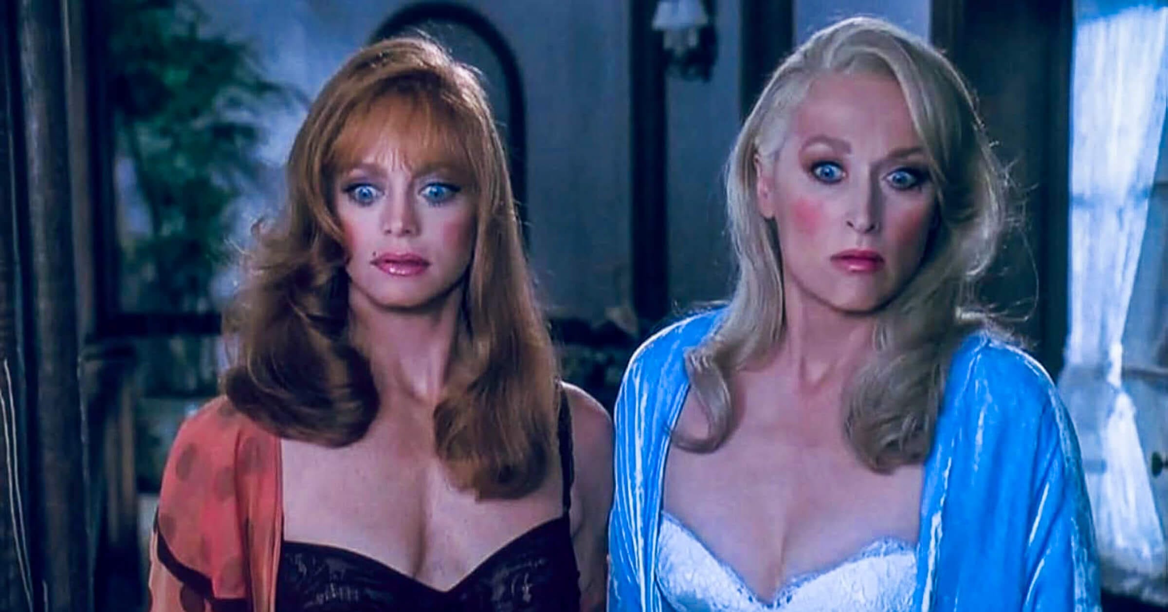 Goldie Hawn and Meryl Streep both stare in horror as immortal frenemies in Death Becomes Her (1992). Goldie Hawn and Meryl Streep both stare in horror as immortal frenemies in Death Becomes Her (1992).