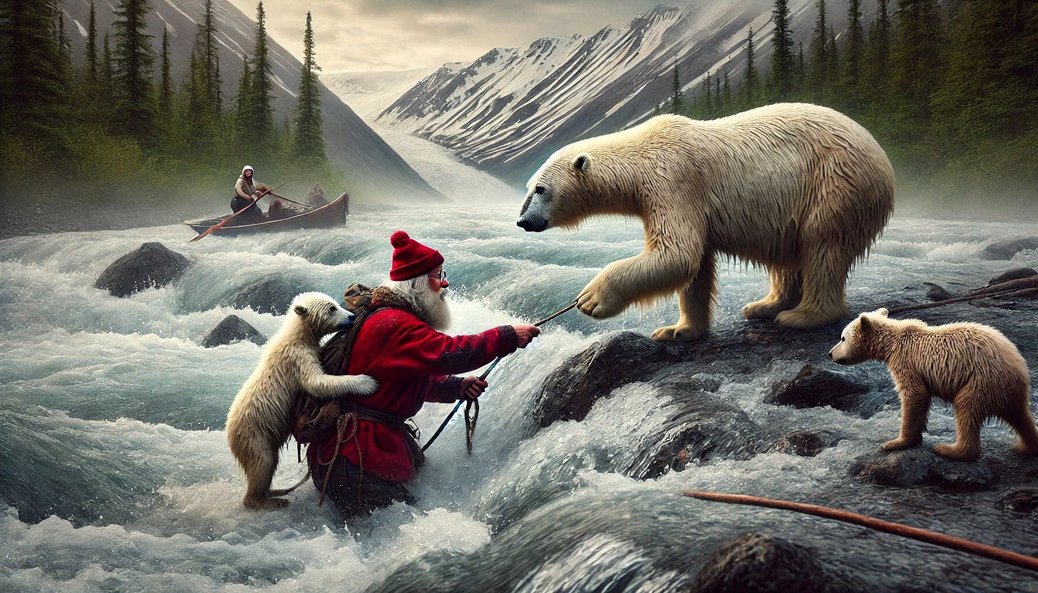 Polar Bear helping Santa Claus across river