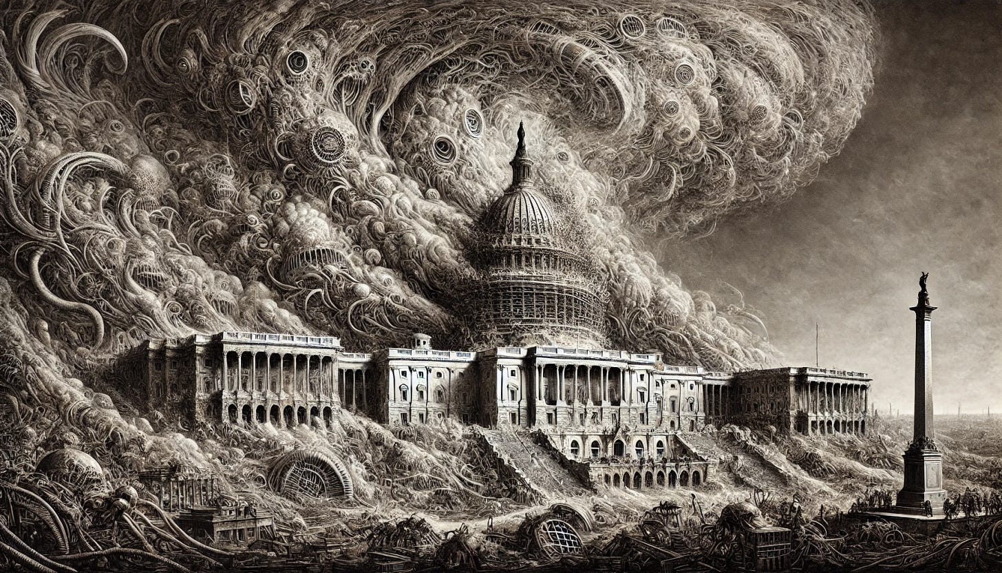 A landscape-mode engraving in the style of Giovanni Battista Piranesi, depicting the Capitol buildings now almost entirely engulfed by an overwhelming biomechanical plague. The structures are barely discernible, fading into the depths of a churning storm of nanomachines, which devour everything in their path. The cloud of mechanical tendrils, circuitry, and pulsating cables has thickened, leaving only the faintest outlines of domes and columns before they vanish into the abyss. The air itself is saturated with the relentless spread of the plague, a seething and sentient mass rewriting reality into a nightmarish biomechanical void. The background is nearly obliterated, consumed by the ever-expanding swarm.