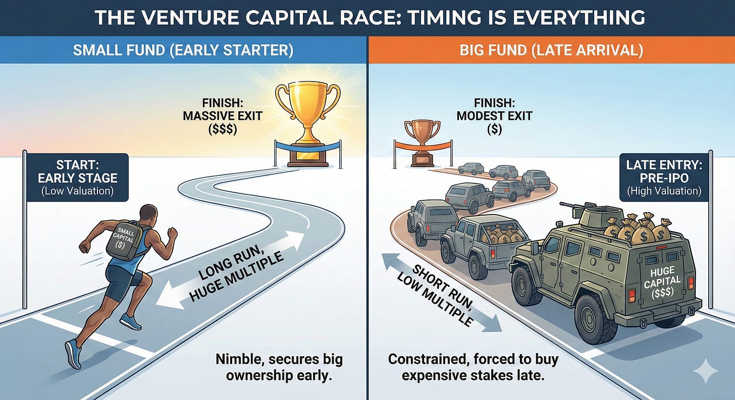 Infographic comparing early stage small funds to late entry large funds.