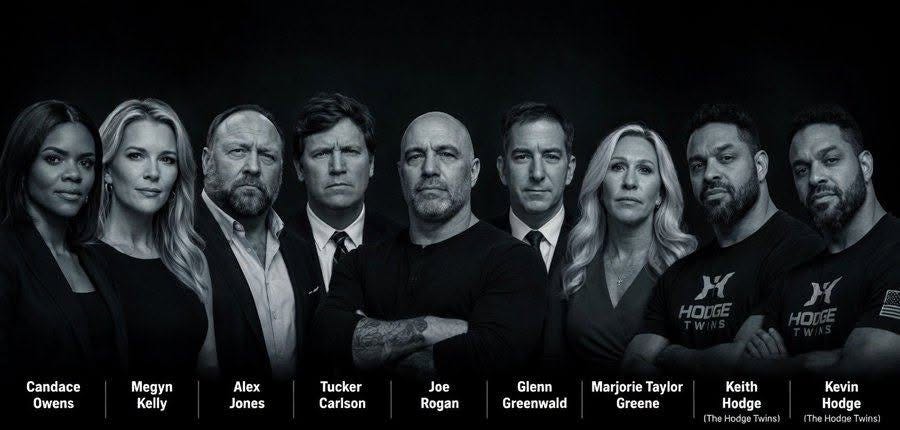 May be an image of one or more people, suit and text that says 'Candace Owens Megyn Kelly Alex Jones Tucker Carlson Joe Rogan Glenn Greenwald Marjorie Taylor Greene Keith Hodge TheHodgeTwi Twins) Kevin Hodge TheHodgeTwins'