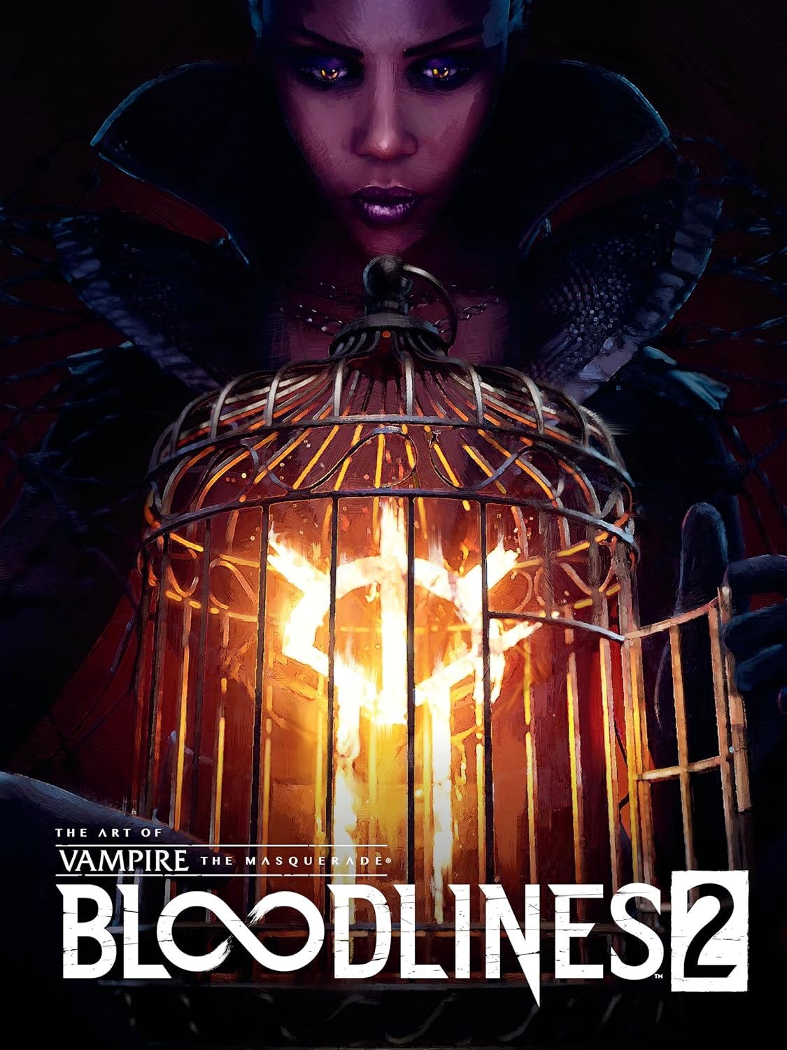 Dark, moody cover art for The Art of Vampire: The Masquerade – Bloodlines 2, featuring a glowing, fiery symbol inside a gothic birdcage held by a mysterious, purple-eyed figure with a dramatic collar and intense expression. The title appears at the bottom in bold white letters with a stylized infinity symbol in the word “Bloodlines.” Dark, moody cover art for The Art of Vampire: The Masquerade – Bloodlines 2, featuring a glowing, fiery symbol inside a gothic birdcage held by a mysterious, purple-eyed figure with a dramatic collar and intense expression. The title appears at the bottom in bold white letters with a stylized infinity symbol in the word “Bloodlines.”