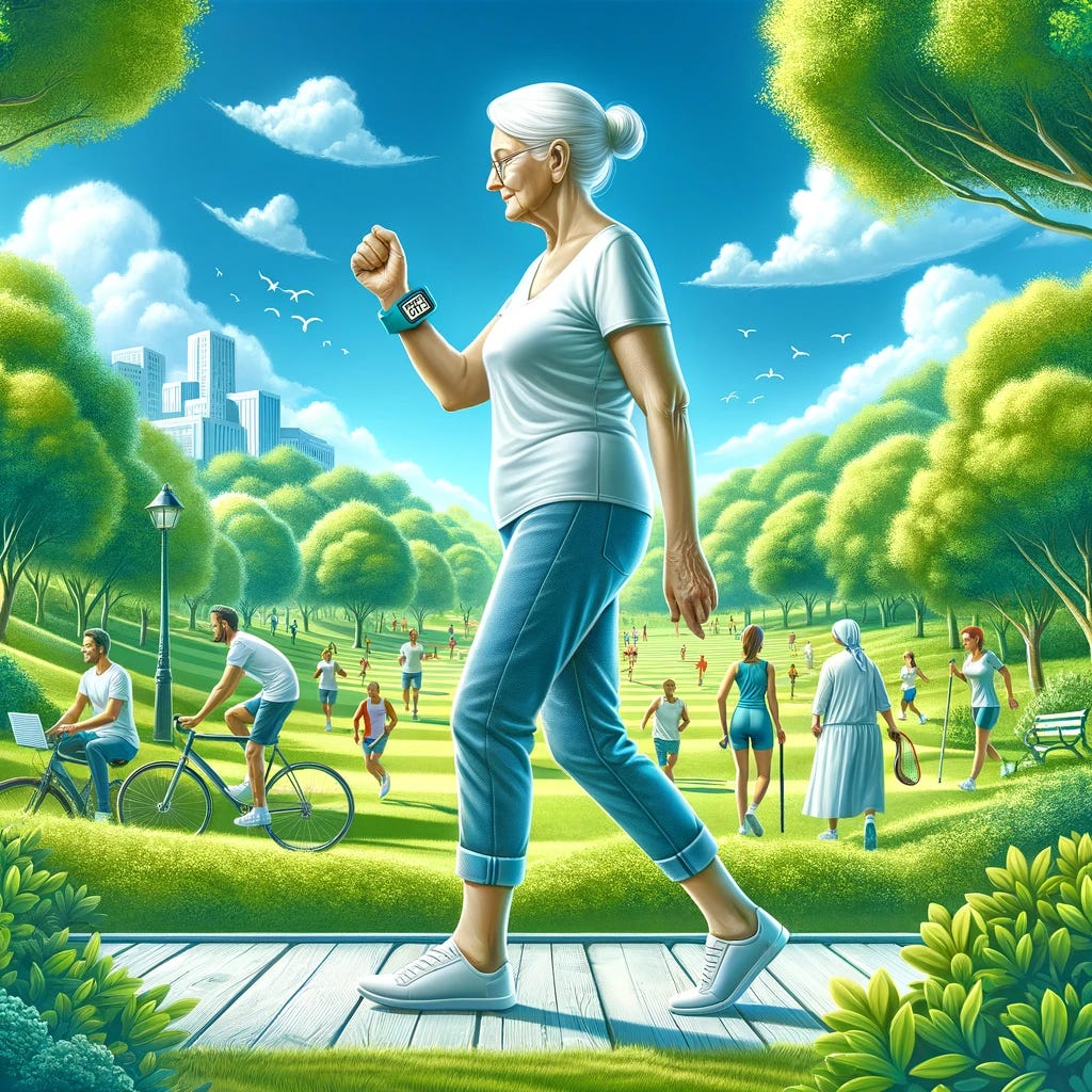 An image depicting an elderly woman walking in a park with a pedometer on her wrist, surrounded by green trees and a clear blue sky. In the background, there are other people engaging in various physical activities like jogging, cycling, and playing tennis. The scene is peaceful and vibrant, emphasizing the importance of physical activity for cardiovascular health.