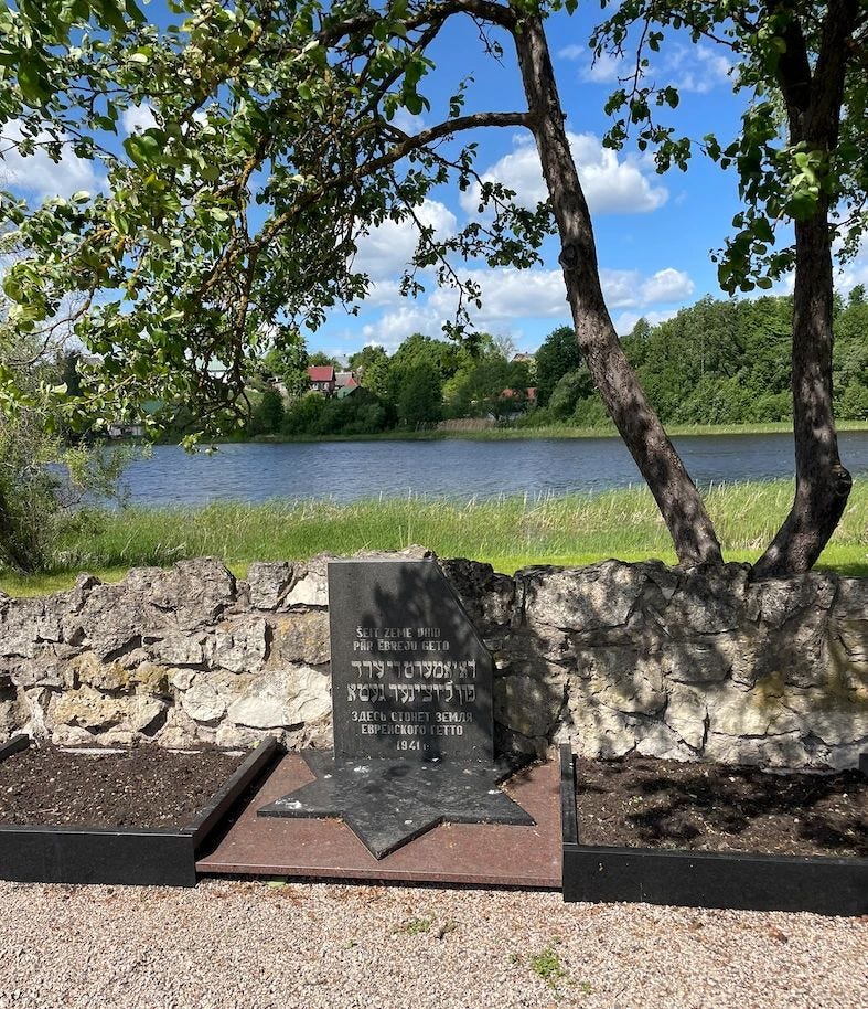The Holocaust memorial by the lake in Ludza, marking the site where the town’s Jewish ghetto once stood.