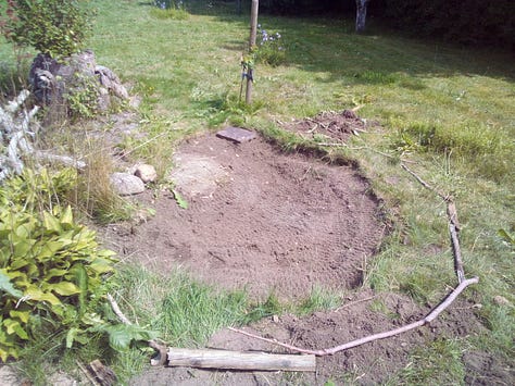 Stages of pond digging and filling with water