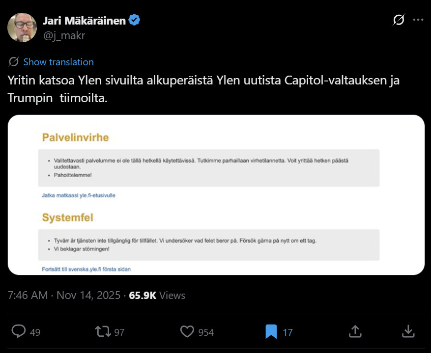 Mäkäräinen kertoo, että Ylen sivuilla on sopivasti juuri sopivasti ollut BBC-kohun pahimpaan aikaan palvelinkatkos – ja nimenomaan niiden sisältöjen kohdalla, jotka käsittelevät vuoden 2021 Capitol Hillin tapahtumia ja Donald Trumpia. Mäkäräinen kertoo, että Ylen sivuilla on sopivasti juuri sopivasti ollut BBC-kohun pahimpaan aikaan palvelinkatkos – ja nimenomaan niiden sisältöjen kohdalla, jotka käsittelevät vuoden 2021 Capitol Hillin tapahtumia ja Donald Trumpia.