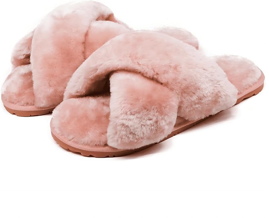 Crazy Lady Women&#39;s Fuzzy Fluffy House Slippers Cute Plush Memory Foam Shoes Cross Band Indoor Outdoor Open Toe Sandals