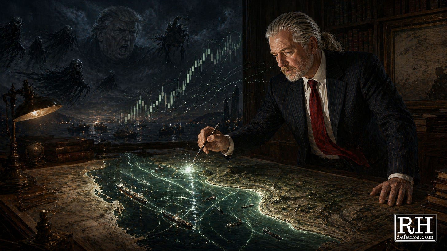 Rick Horowitz studies a glowing map of the Strait of Hormuz in a dark war room, with ships, market charts, and shadowy figures looming beyond the window.