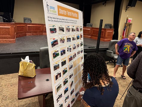Photos of attendees at the 7-14-25 Powder Springs' Livable Centers Initiative (LCI) Plan Kick-off Meeting, with attendees submitting on sticky notes or other items ideas for the City of Powder Springs.