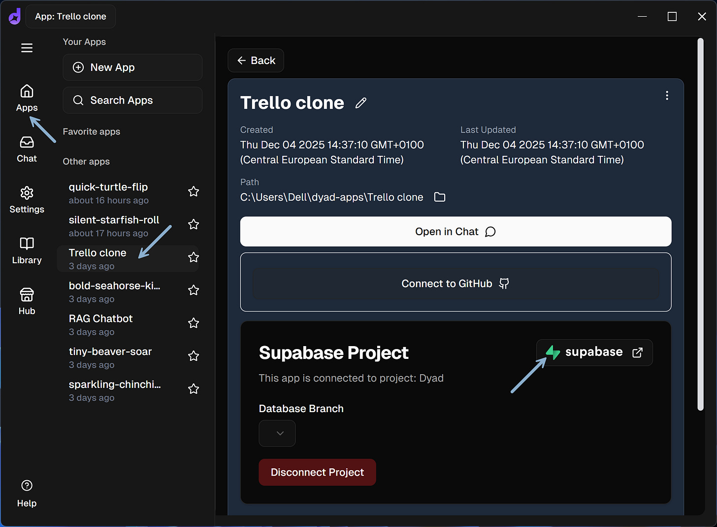 Start a new Dyad “App.” Connect it to your Supabase. Start a new Dyad “App.” Connect it to your Supabase.