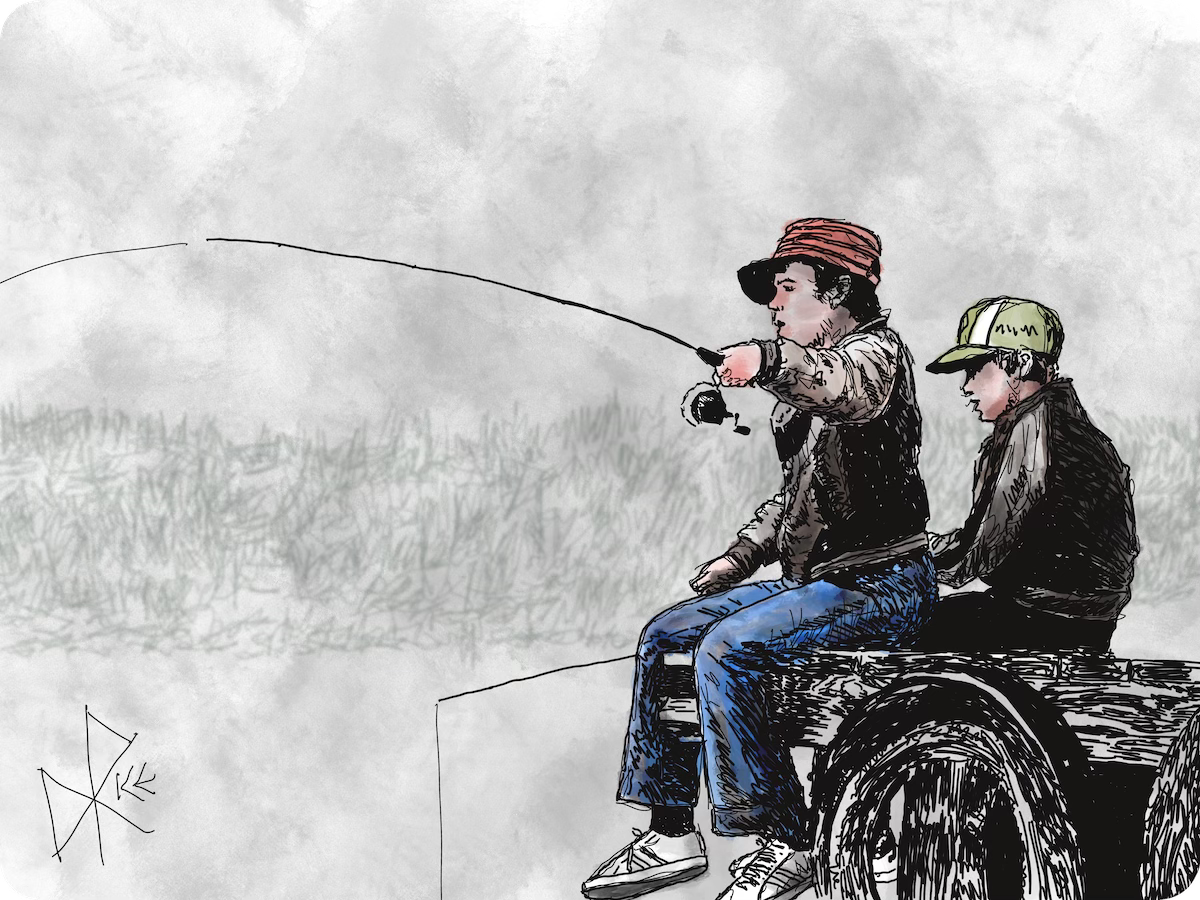 Two boys fishing while seated on a dock, their legs hanging over the edge. Sketch art by Don Rice. Two boys fishing while seated on a dock, their legs hanging over the edge. Sketch art by Don Rice.