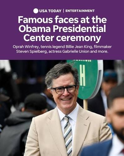 Celebrities turned out for the star-studded grand opening of the #Obama Presidential Library Dedication Ceremony. ✨ From #OprahWinfrey to #TomHanks, so many iconic names showed up to celebrate and support the Obamas Celebrities turned out for the star-studded grand opening of the #Obama Presidential Library Dedication Ceremony. ✨ From #OprahWinfrey to #TomHanks, so many iconic names showed up to celebrate and support the Obamas