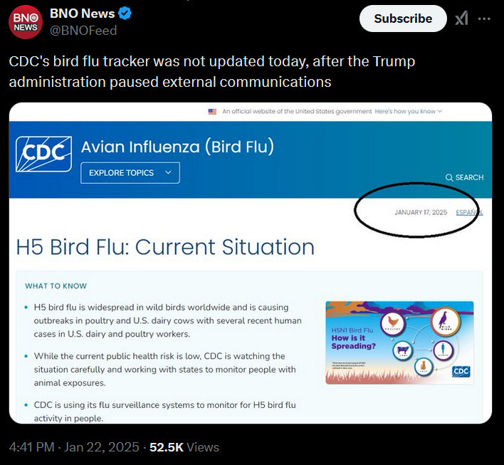 Screenshot of tweet from BNO News (@bnonews) dated January 22nd, 2025. Text says: "CDC's bird flu tracker was not updated today, after the Trump administration paused external communications." Tweet includes image from CDC Avian Influenza (Bird Flu) web page that says: "H5 Bird Flu: Current Situation WHAT TO KNOW • H5 bird flu is widespread in wild birds worldwide and is causing outbreaks in poultry and U.S. dairy cows with several recent human cases in U.S. dairy and poultry workers. While the current public health risk is low, CDC is watching the situation carefully and working with states to monitor people with animal exposures. • CDC is using its flu surveillance systems to monitor for H5 bird flu activity in people." Tweet image also includes infographic that says: "H5N1 Bird Flu How is it Spreading?" and shows connections between poultry, wild birds, cows, cats, and humans.
