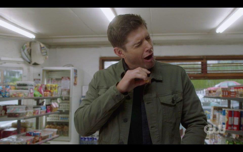 Dean Winchester suffering toothache stuffing grilled cheese in mouth Dean Winchester suffering toothache stuffing grilled cheese in mouth