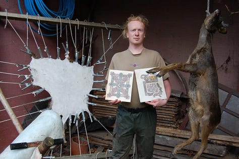 Images of the work Thomas created for the Sanctum book, along with a photograph of him in his studio.