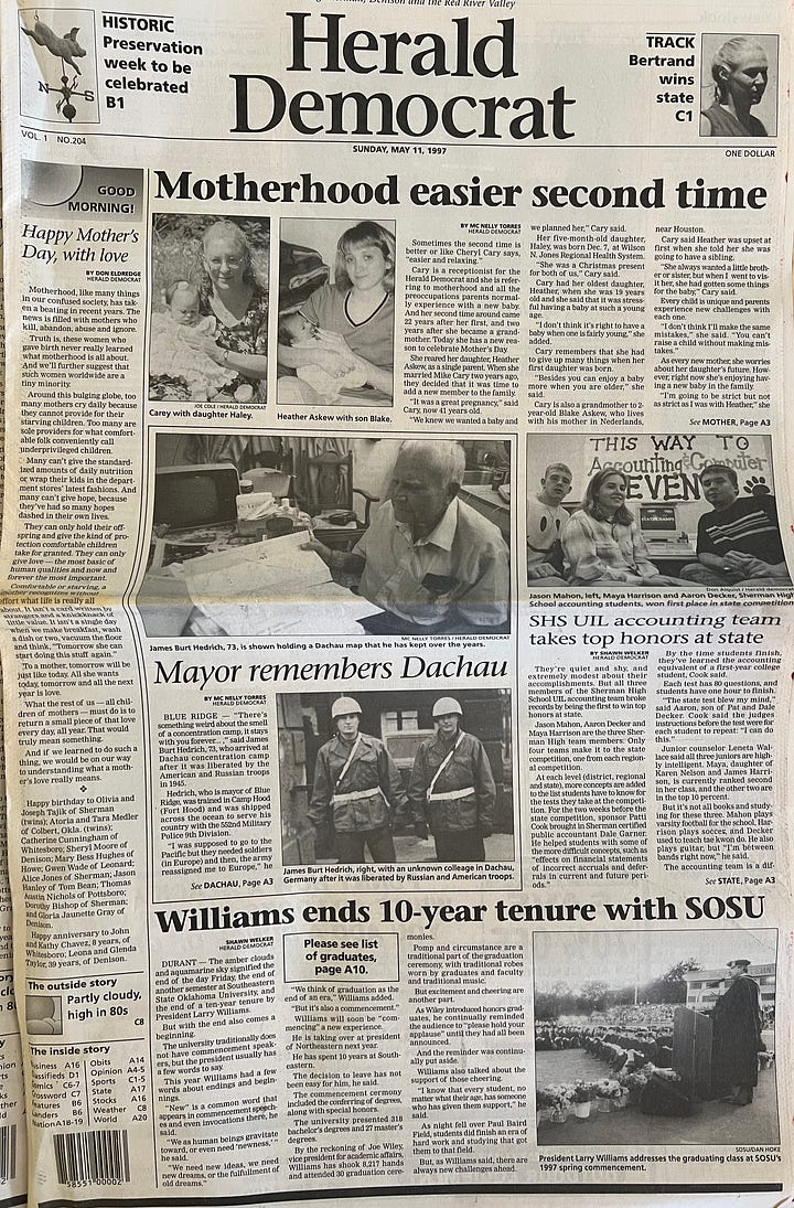 Pictures showed here from the Herald Democrat front page published on May 11, 1997. Mc Nelly Torres wrote a feature about Blue Ridge mayor who was also a WWII veteran and hero. 