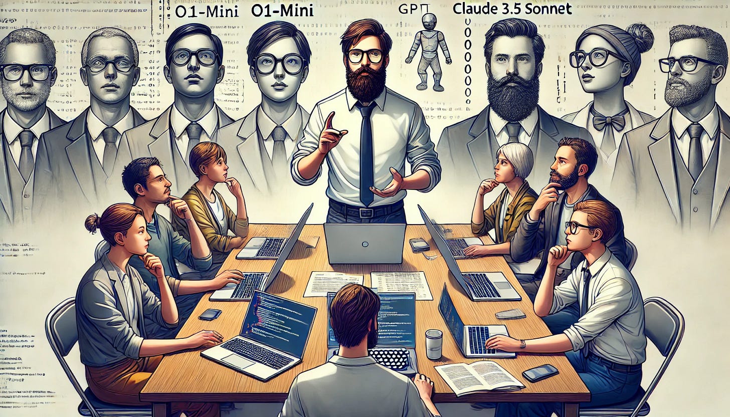 A wide image of a bearded white man with brown hair programming at a conference table. Around the table, personified versions of different language models (LLMs) such as o1, o1-mini, gpt4o, and Claude 3.5 Sonnet are depicted as workers. Each LLM has a unique appearance that symbolizes its character: for example, o1 is represented as a focused, analytical person with glasses and a laptop, o1-mini is a younger, energetic figure with a notepad, gpt4o is an innovative thinker with a creative outfit, and Claude 3.5 Sonnet is portrayed as a poetic, thoughtful person with a stack of books. The atmosphere is dynamic and collaborative, with papers, laptops, and digital screens scattered around the table. The bearded man appears engaged and in conversation with these LLMs, as if leading a brainstorming session. A wide image of a bearded white man with brown hair programming at a conference table. Around the table, personified versions of different language models (LLMs) such as o1, o1-mini, gpt4o, and Claude 3.5 Sonnet are depicted as workers. Each LLM has a unique appearance that symbolizes its character: for example, o1 is represented as a focused, analytical person with glasses and a laptop, o1-mini is a younger, energetic figure with a notepad, gpt4o is an innovative thinker with a creative outfit, and Claude 3.5 Sonnet is portrayed as a poetic, thoughtful person with a stack of books. The atmosphere is dynamic and collaborative, with papers, laptops, and digital screens scattered around the table. The bearded man appears engaged and in conversation with these LLMs, as if leading a brainstorming session.