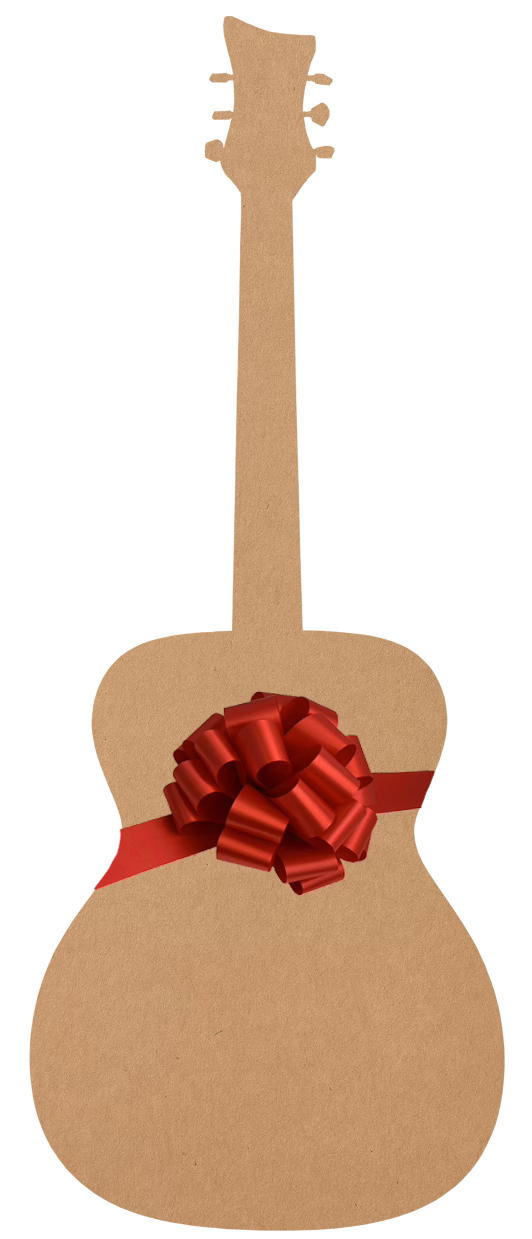 Voyageur guitar gift wrapped in craft paper with red ribbon and bow