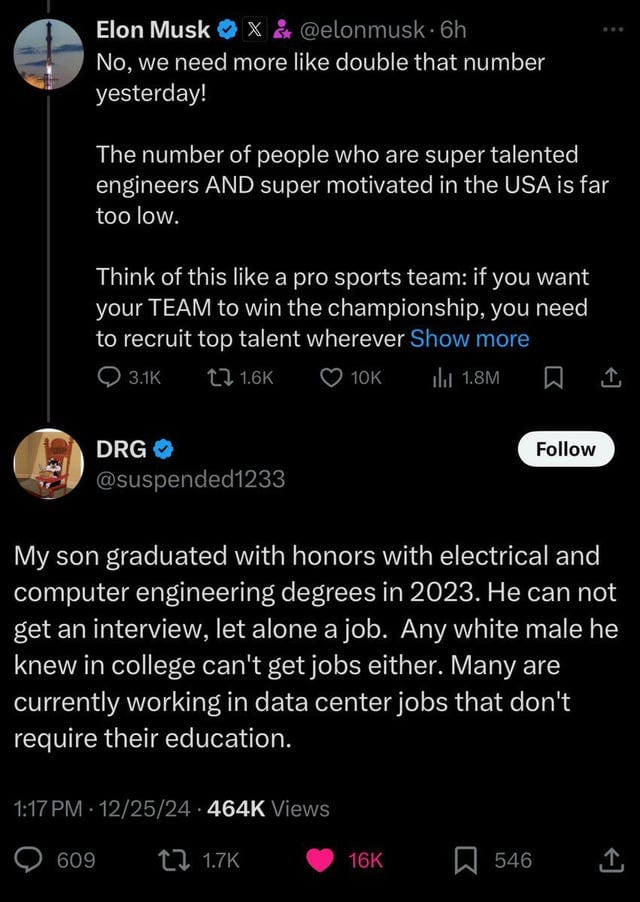 r/facepalm - Elon Musk gets ratioed by a 300 follower account over the H1B visas row, then bans it. Then changes the X algorithm overnight.