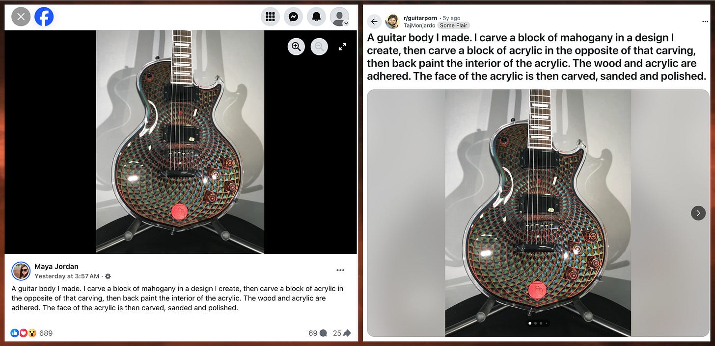 screenshot of a Facebook post containing of photo of a guitar with a complex paint job, and screenshot of an old Reddit post from which the Facebook post is plagiarized