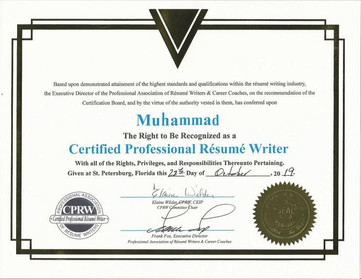 Two images of a Certified Professional Resume Writer certification. The image on the left is a legitimate certificate, while the one on the right is forged.