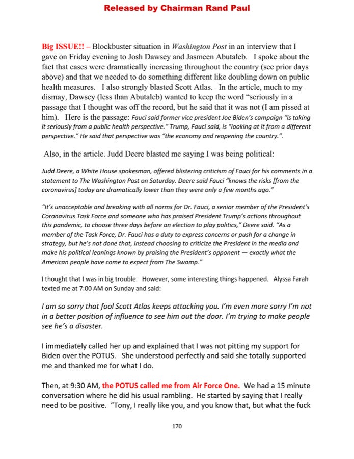 Fauci diary page — late October 2020 entry on the Washington Post interview and blasting Scott Atlas Fauci diary page — late October 2020 entry on the Washington Post interview and blasting Scott Atlas