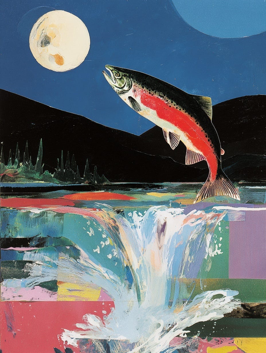 A painting of a salmon leaping from a multicolored, patchwork river toward a glowing full moon in a deep blue night sky. 