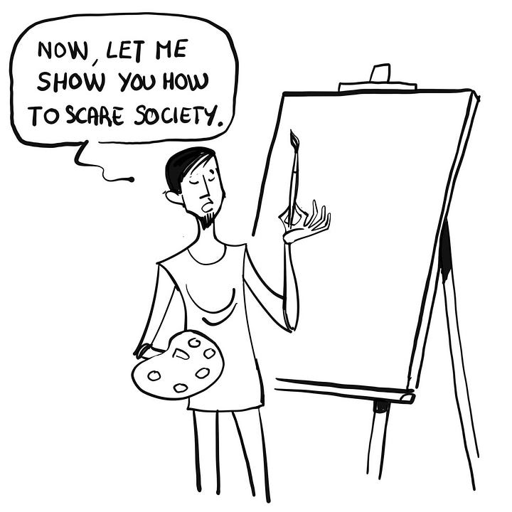 Four-panel sequence from a comic by Alfie. A painter stands at an easel and declares he will “show how to scare society,” then dramatically paints a minimalist outline of a nude female torso on the canvas. In the final panel, three viewers react with exaggerated shock and curiosity at the artwork. Full comic available at https://alifedoodler.wordpress.com/portfolio/little-lines-big-scandals/