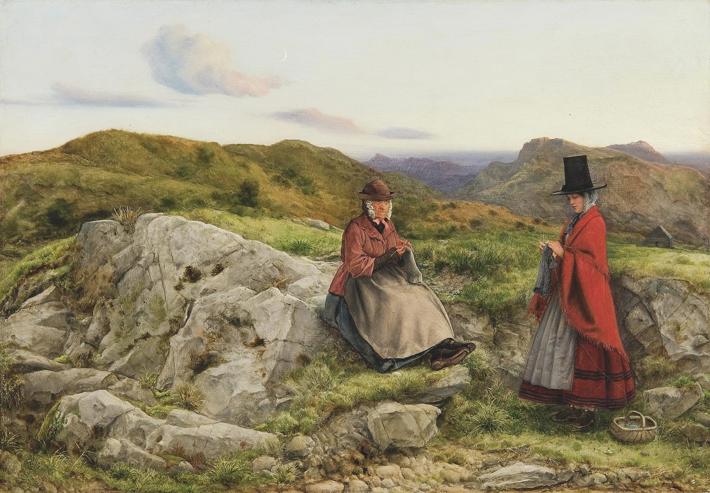 Oil painting of two women in traditional Welsh dress, including tall black hats, knitting outdoors in a mountainous landscape.