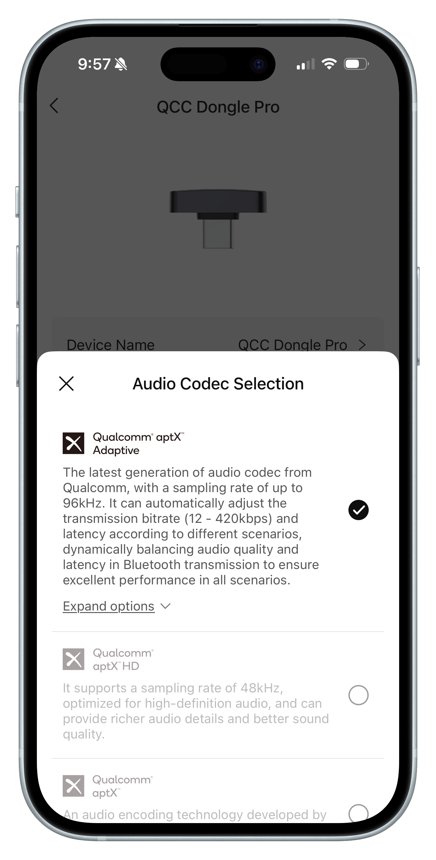 Questyle QCC Dongle app showing connection options for the QCC Dongle Pro. Questyle QCC Dongle app showing connection options for the QCC Dongle Pro.