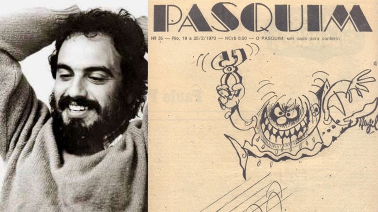 Fotografia de Henfil, cartunista por trás do "Cemitério dos Mortos-Vivos" (esq) e de uma capa do Pasquim (dir) Fotografia de Henfil, cartunista por trás do "Cemitério dos Mortos-Vivos" (esq) e de uma capa do Pasquim (dir)