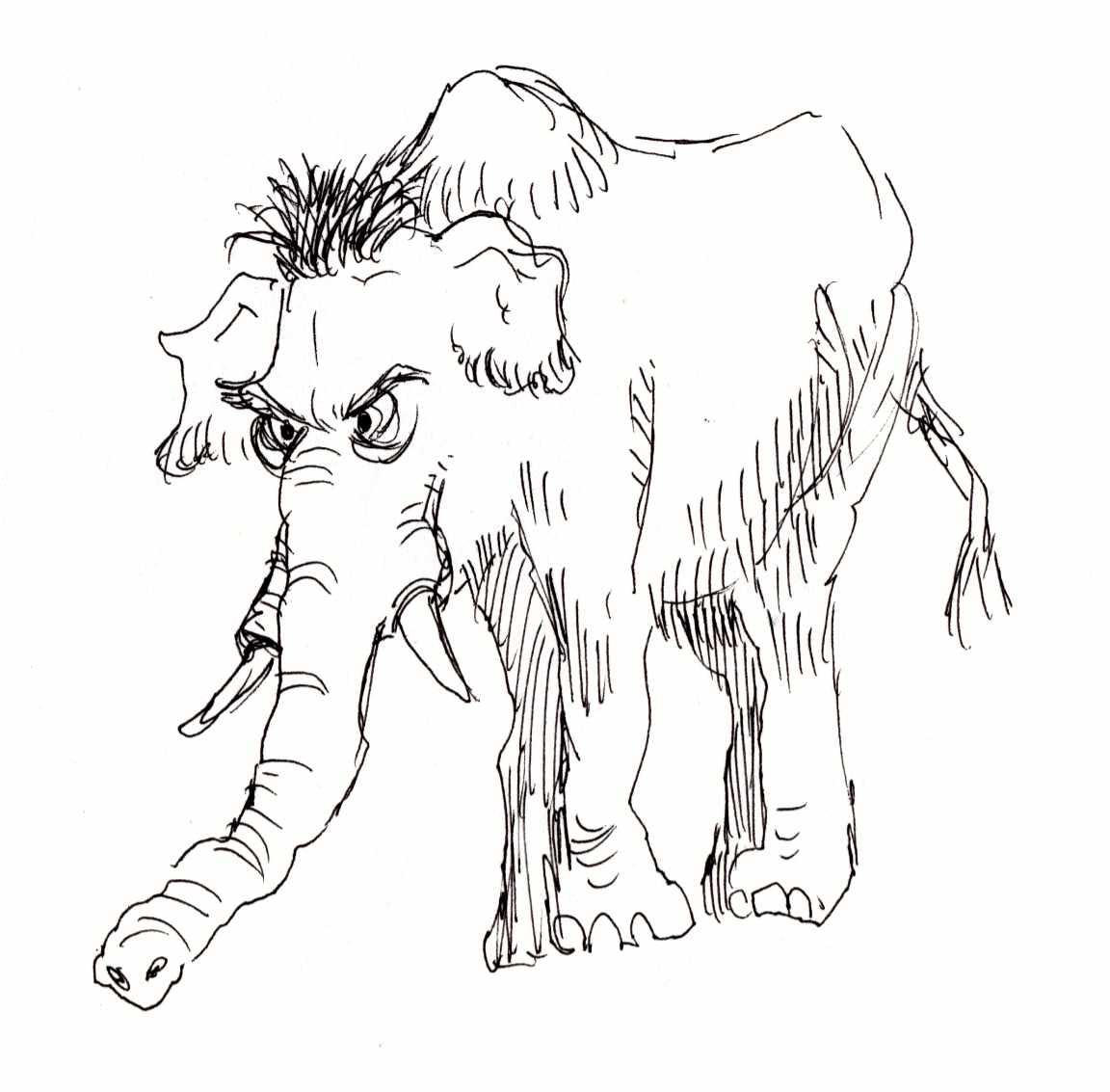 Ink drawing of a cartoon mammoth.