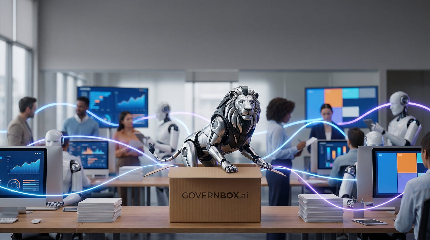 GOVERNBOX.ai cybernetic AI governance & management lion climbing out of it’s cardboard delivery box in the middle of a busy office space in order to take control of the organization’s AI program. GOVERNBOX.ai cybernetic AI governance & management lion climbing out of it’s cardboard delivery box in the middle of a busy office space in order to take control of the organization’s AI program.