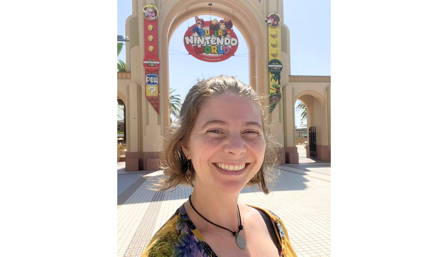 Sarah Connelly Makiyama outside her place of work, Universal Studios Osaka