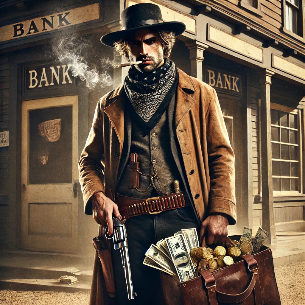 A rugged Western bandit standing confidently in a dusty desert town, holding a leather satchel overflowing with stolen cash and gold coins. He wears a wide-brimmed hat, a bandana covering part of his face, and a long trench coat. A smoking revolver is in his other hand, and behind him, a bank with broken doors shows signs of a recent heist. His expression is bold and defiant, as if he knows he just got away with it. The scene has a cinematic, gritty, and high-contrast Western style.