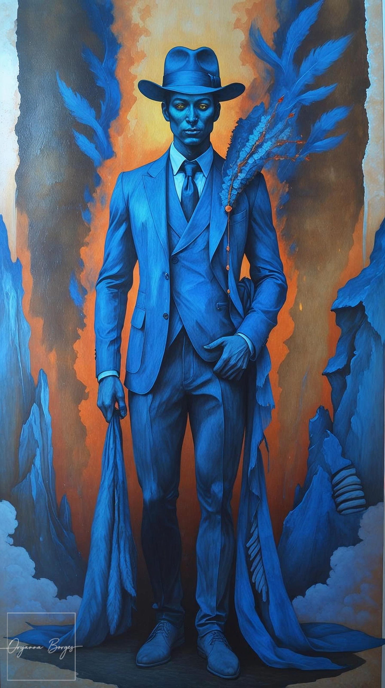 lustração de um homem negro de silhueta solene, vestindo um paletó azul clássico e chapéu fedora. Ele está em pé diante de um fundo de chamas laranjas e azuis, segurando mantos de penas azuis. A arte representa Izaltino, o curandeiro mestiço do livro TEA Menina.