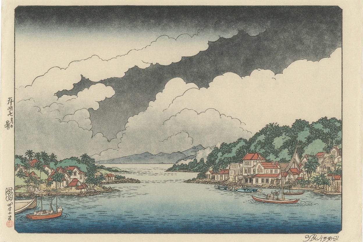 Krea 1 image for "Hand‑painted ukiyo‑e woodblock print of a thunderstorm approaching a small fishing village, traditional Japanese color palette."