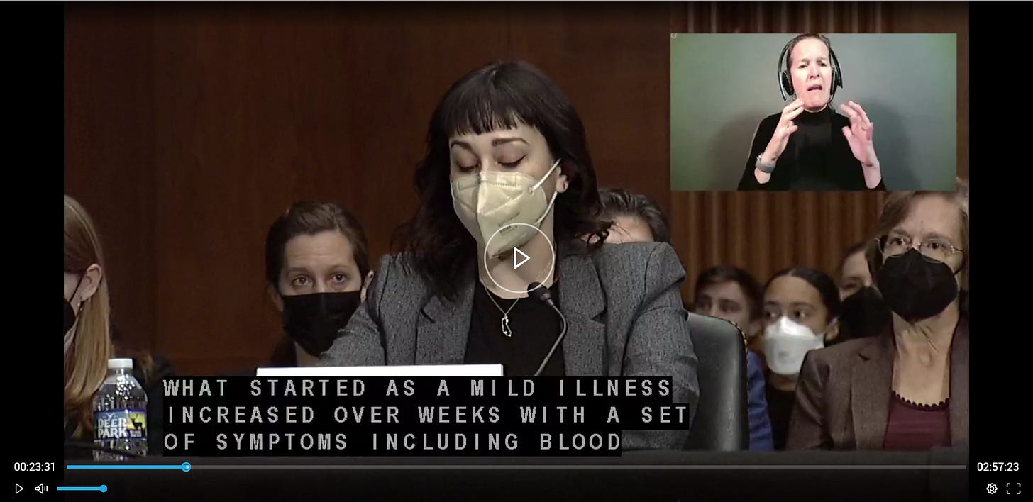 Screen capture from U.S. Senate hearing on Long COVID Screen capture from U.S. Senate hearing on Long COVID