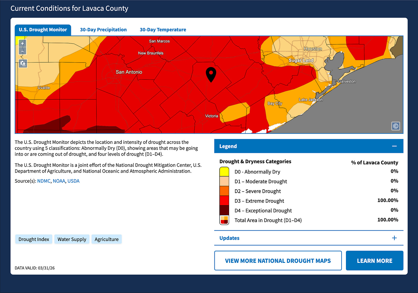 Lavaca County drought map, level 3.