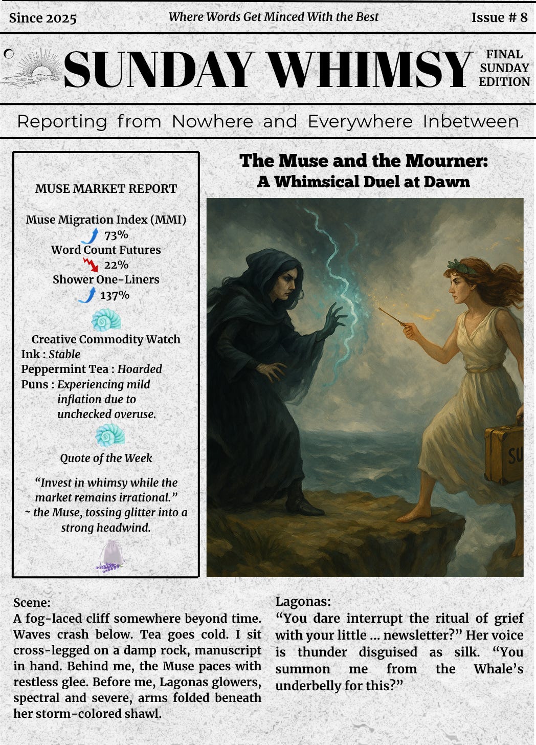 Front page of a whimsical faux-newspaper titled “Sunday Whimsy – Final Edition.” Includes a Muse Market Report with playful creative statistics, a painted image of the Muse facing off against the dark-cloaked Lagonas on a seaside cliff, and a dramatic narrative scene introducing their duel. The theme centers on the Muse’s migration from Sunday to Wednesday, amid Lagonas’ resistance.