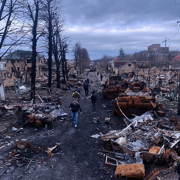 Damaged and abandoned Russian armoured vehicles in Bucha, Ukraine.