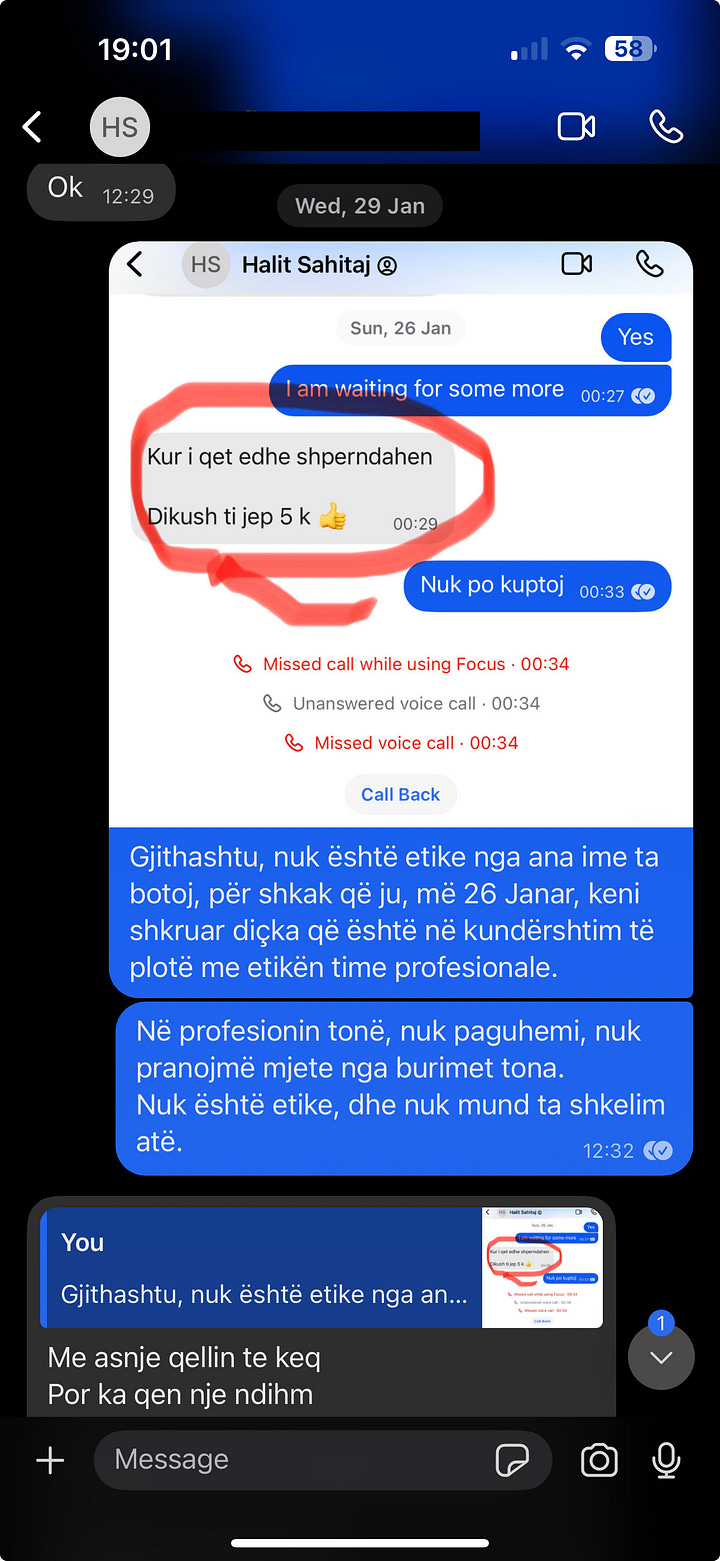 Shkëmbim i Dokumentuar: Screenshot-e të një segmenti bisede në Signal në gjuhën shqipe ku refuzohet një ofertë prej 5,000 euro e ardhur nga 'Laky Laky'.