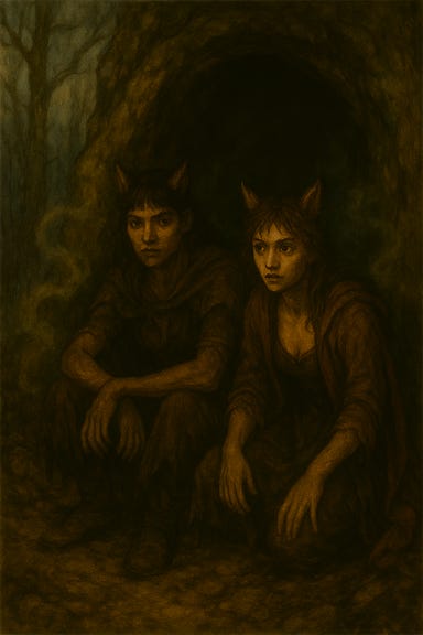 A dark fantasy image of two werewolf scouts sitting at the mouth of a cave. One resembles Sofia Boutella — lean, intense, with sharp features and a warrior’s poise. The other resembles Ella Purnell — expressive, wild-eyed, and compact, with a feral spark. Both wear travel-worn leathers and cloaks, their boots muddy and their weapons nearby. They sit on rocks just outside the cave entrance, surrounded by mist and twisted pines. The cave mouth looms behind them, marked with claw-scratched stone and eerie bone totems. Moonlight filters through the trees, casting silver light across their faces. The atmosphere is tense, quiet, and primal.