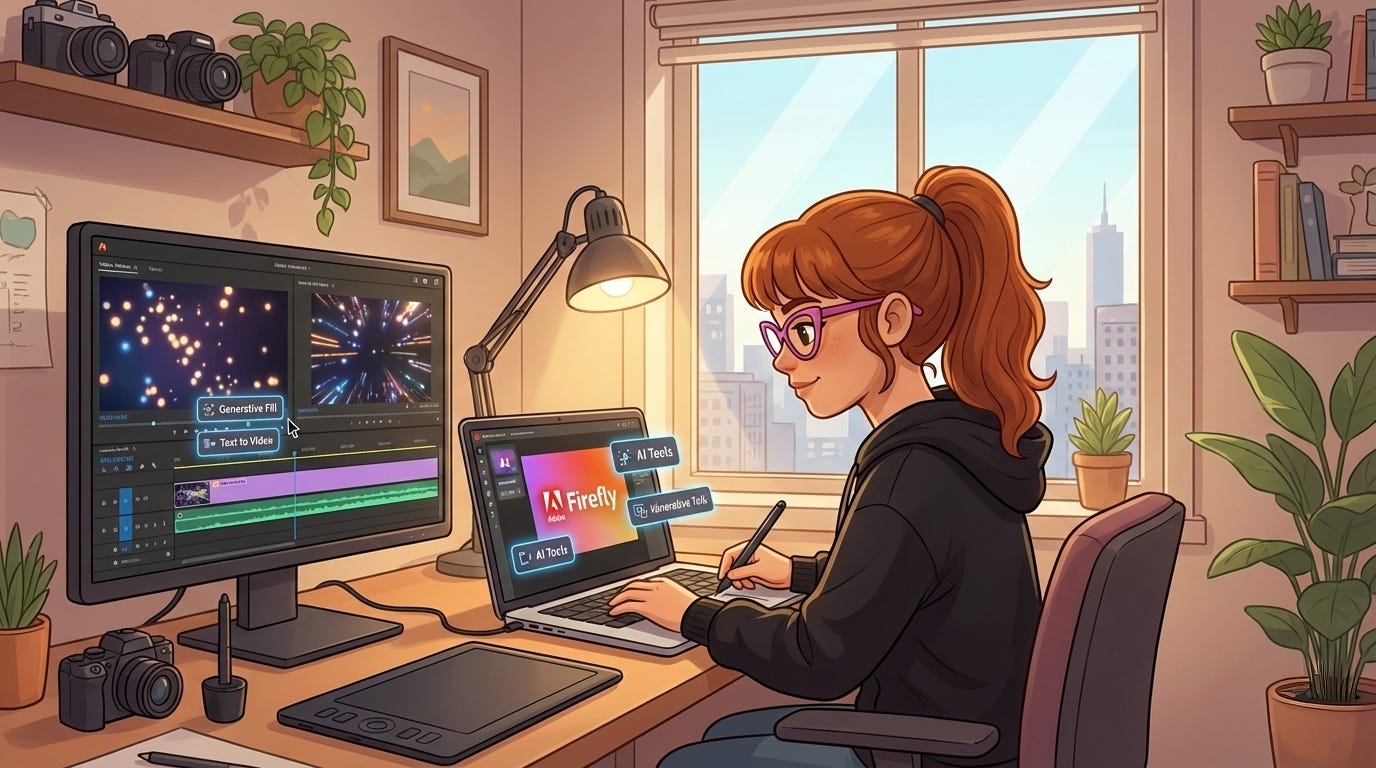 Illustrated scene of a creator working at a desk with Adobe Firefly and AI video editing tools open on dual screens, editing video on a timeline in a sunlit home studio with city buildings visible through the window.