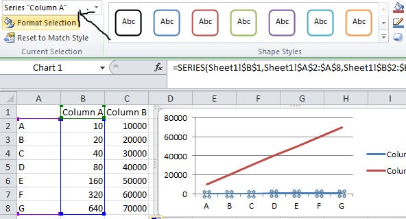 select column in format area data excel chart select column in format area data excel chart
