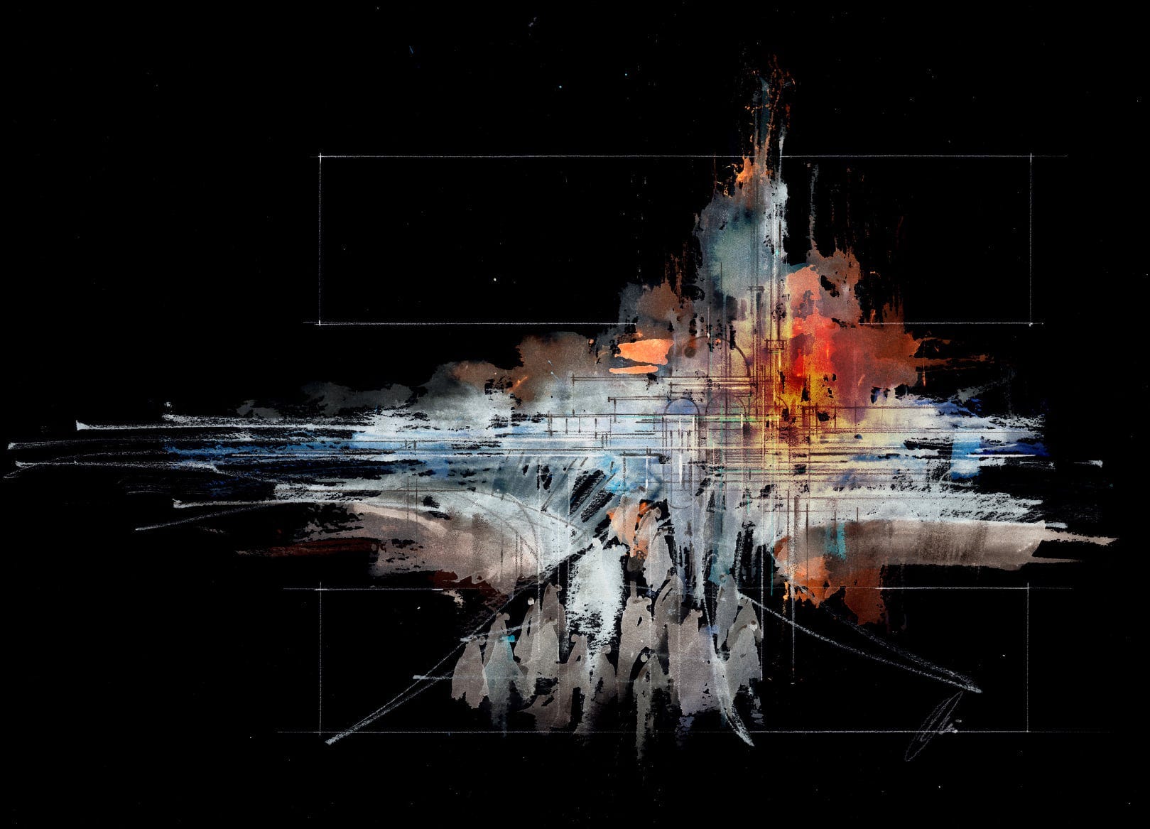 Humans Bombing Valhalla — 15 in x 22 in watercolor and ink on watercolor paper. explosions over a black canvass with white figures running downward- MO Bilbeisi, 2022