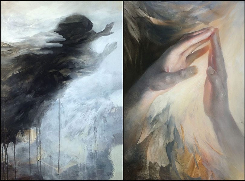 Shadowy figure with outstretched arms on hazy left panel; hands forming a triangle on textured right panel. Muted, ethereal tones.