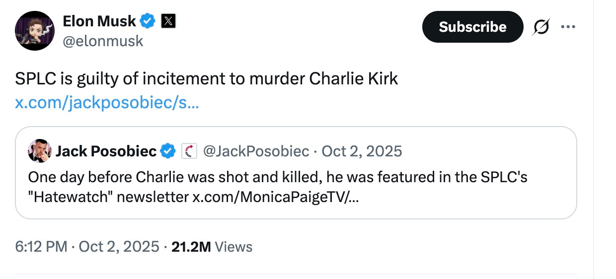 SPLC is guilty of incitement to murder Charlie Kirk https://x.com/jackposobiec/s/jackposobiec/status/1973769361967169569 Quote Jack Posobiec  @JackPosobiec · Oct 2, 2025 One day before Charlie was shot and killed, he was featured in the SPLC's "Hatewatch" newsletter x.com/MonicaPaigeTV/…