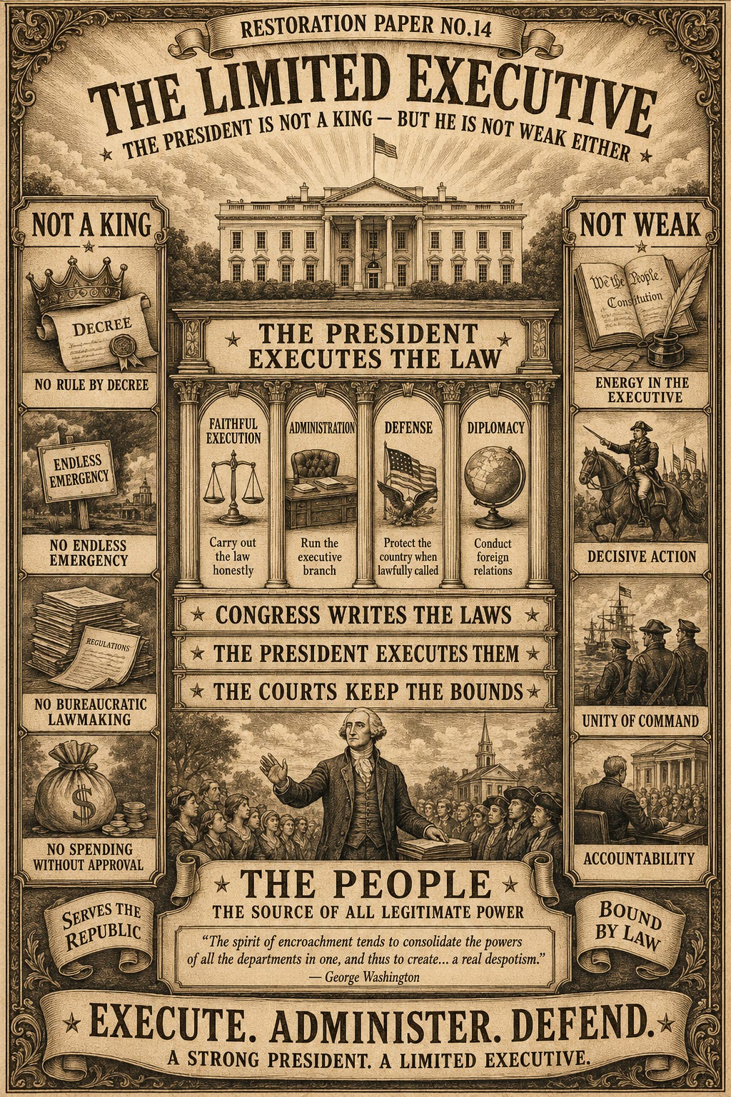 Vintage sepia-toned engraved poster titled “Restoration Paper No. 14: The Limited Executive.” The design contrasts “Not a King” on the left—showing rule by decree, endless emergencies, bureaucratic lawmaking, and unauthorized spending—with “Not Weak” on the right—showing executive energy, decisive action, unity of command, and accountability. At the center, the White House appears above panels explaining that the president faithfully executes the law, administers the executive branch, defends the country, and conducts diplomacy, while Congress writes the laws and the courts enforce constitutional boundaries. The bottom reads, “Execute. Administer. Defend. A Strong President. A Limited Executive.”