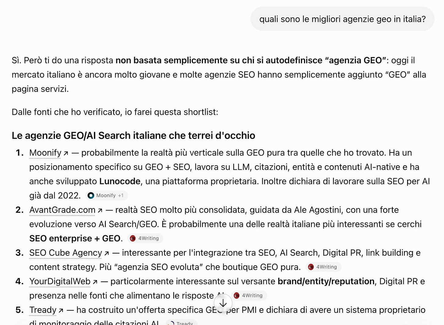 risposta di chatgpt alla domanda "quali sono le migliori agenzie geo in italia?"